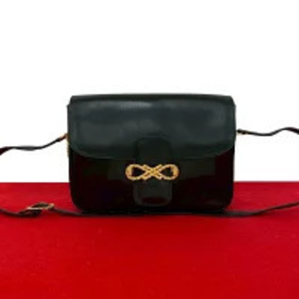 Celine Ribbon Motif Calf Leather Shoulder Bag Pouch Clutch Sacoche Black